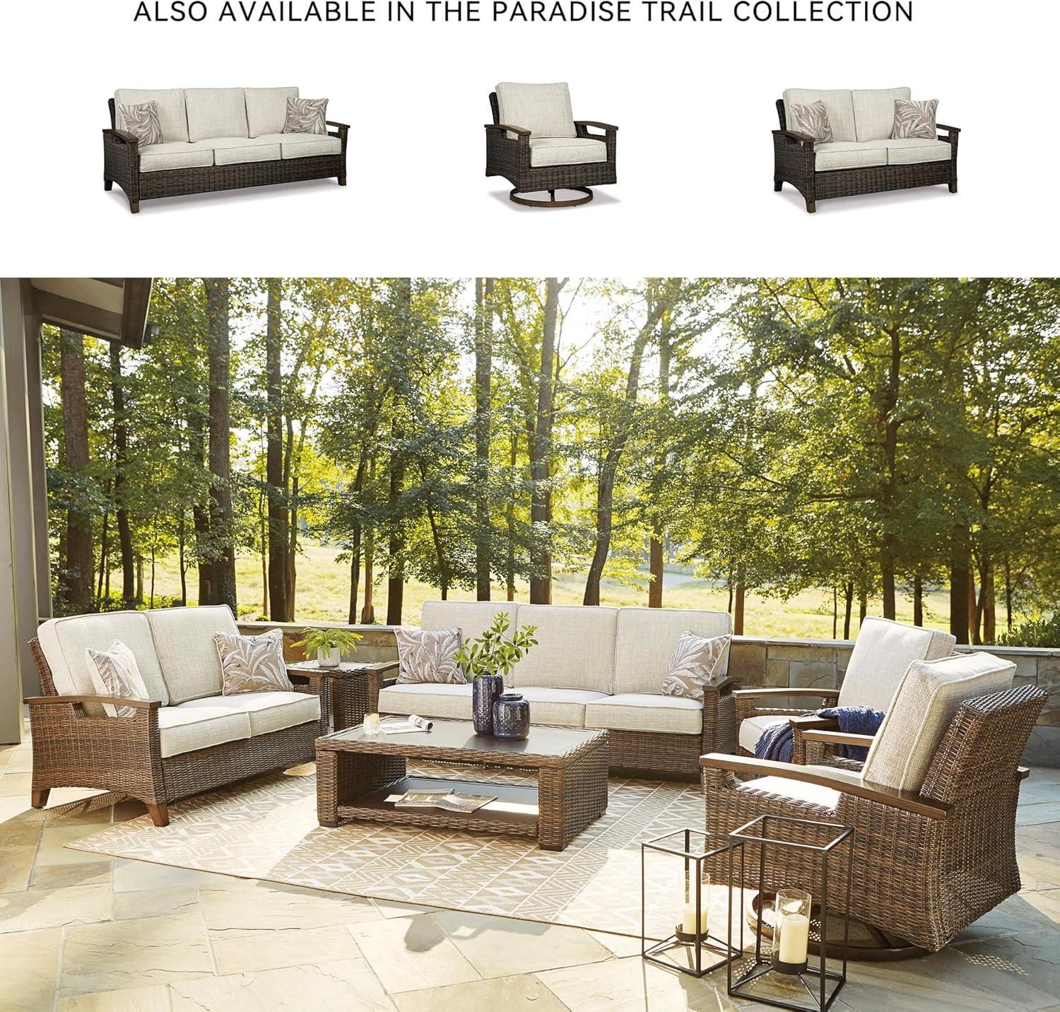imageSignature Design by Ashley Paradise Trail Outdoor Loveseat with All Weather Cushions Nuvella Weather Resistant Fabric Medium BrownDark Brown