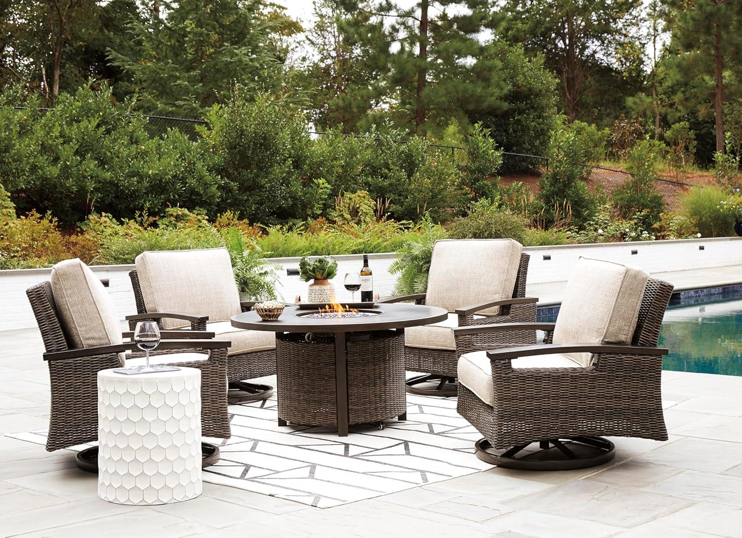 imageSignature Design by Ashley Paradise Trail Outdoor Loveseat with All Weather Cushions Nuvella Weather Resistant Fabric Medium BrownDark Brown