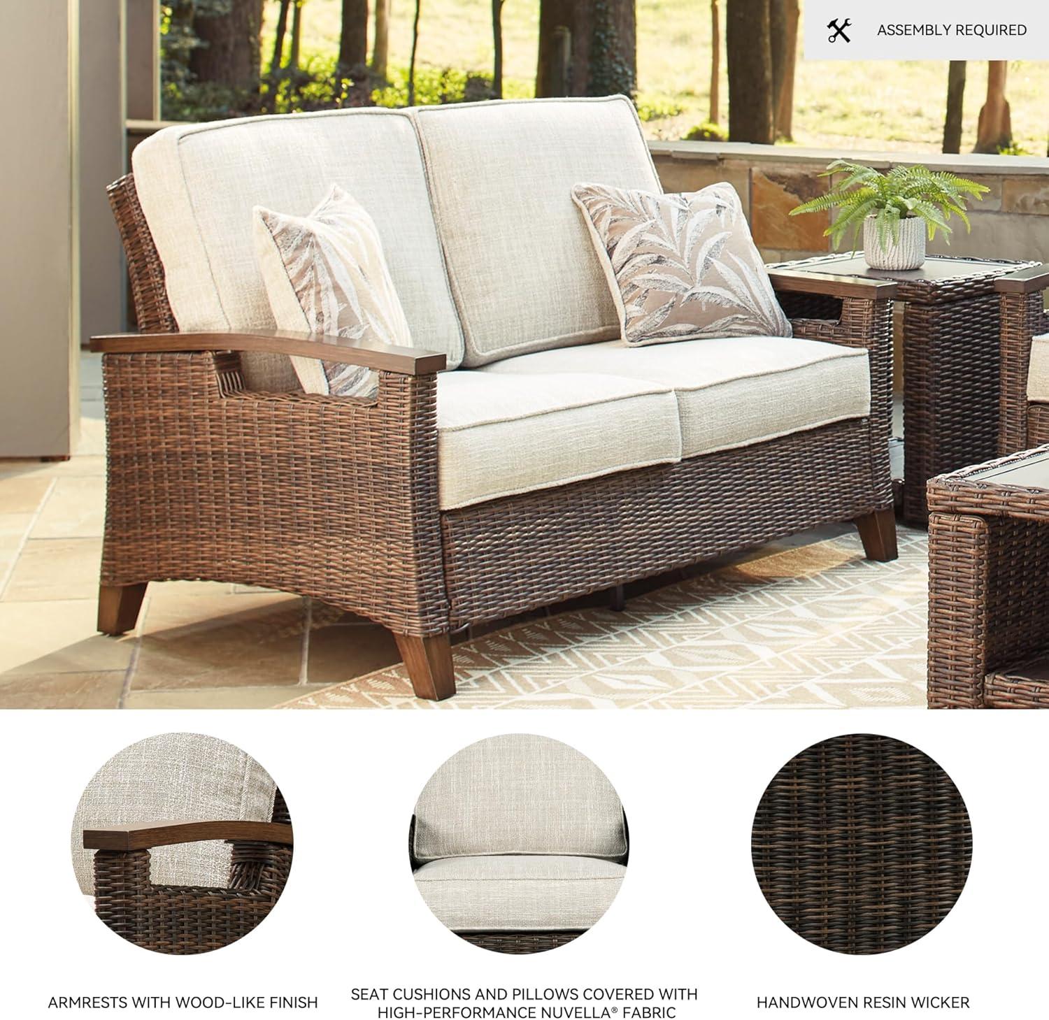 imageSignature Design by Ashley Paradise Trail Outdoor Loveseat with All Weather Cushions Nuvella Weather Resistant Fabric Medium BrownDark Brown