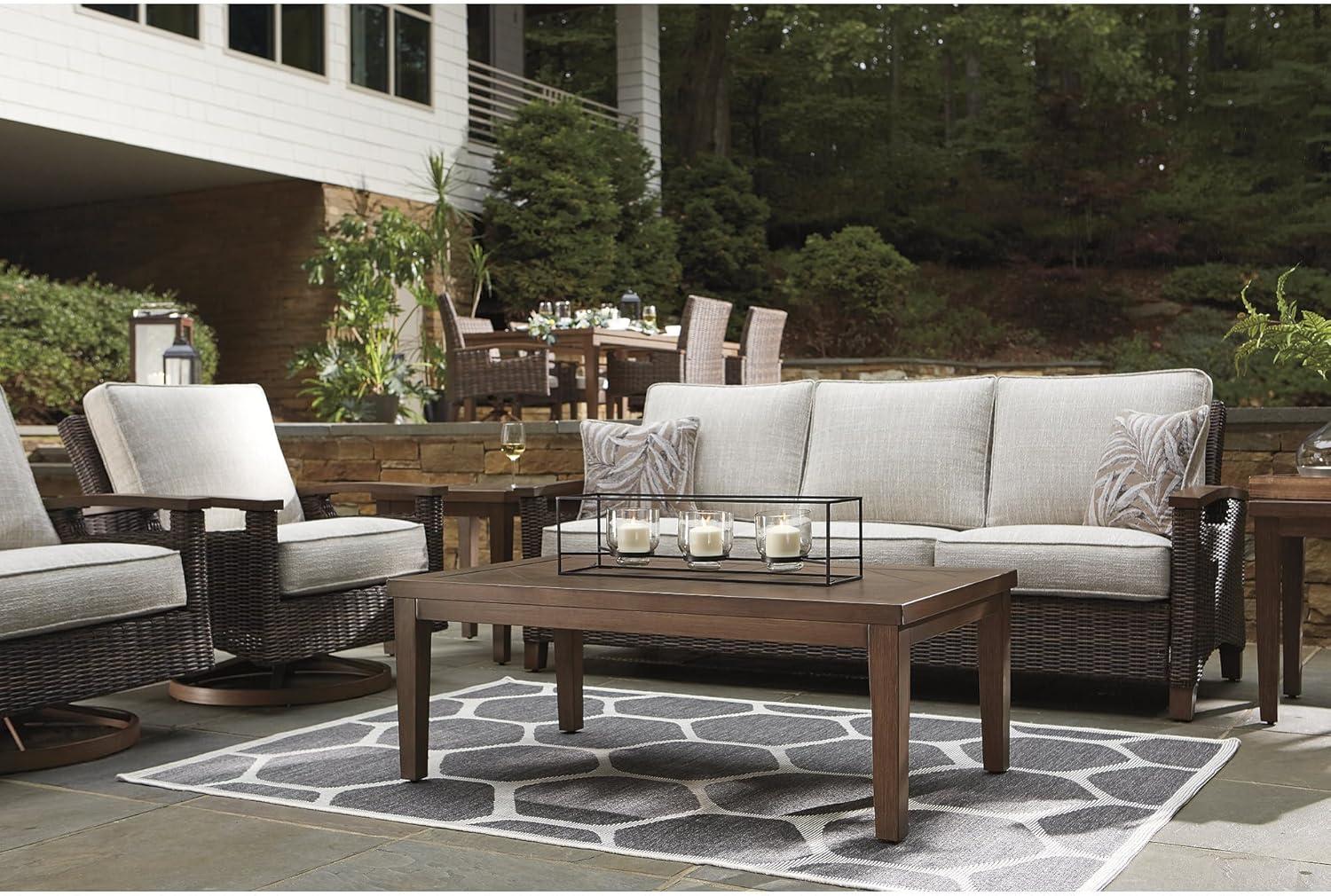 imageSignature Design by Ashley Paradise Trail Outdoor Loveseat with All Weather Cushions Nuvella Weather Resistant Fabric Medium BrownDark Brown