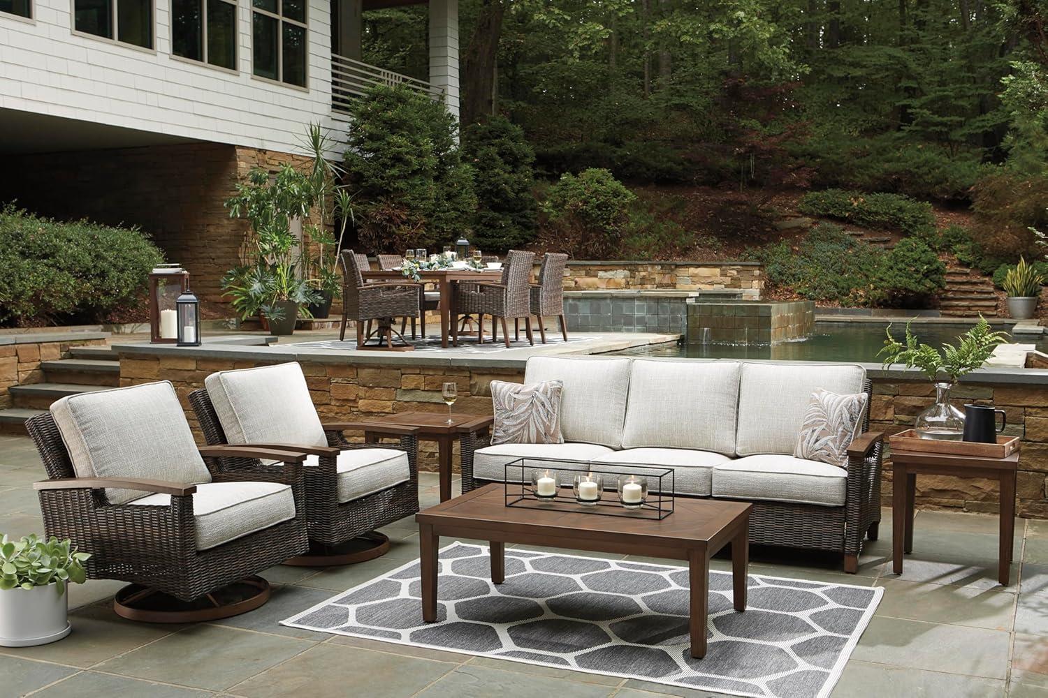 imageSignature Design by Ashley Paradise Trail Outdoor Loveseat with All Weather Cushions Nuvella Weather Resistant Fabric Medium BrownDark Brown
