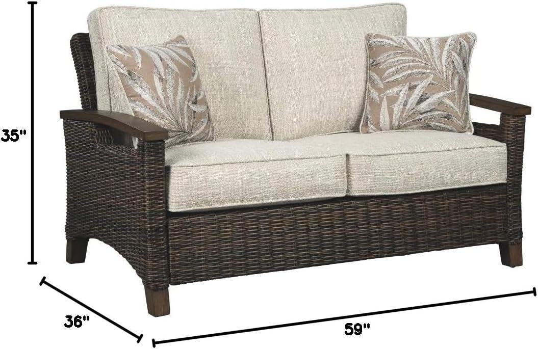 imageSignature Design by Ashley Paradise Trail Outdoor Loveseat with All Weather Cushions Nuvella Weather Resistant Fabric Medium BrownDark Brown