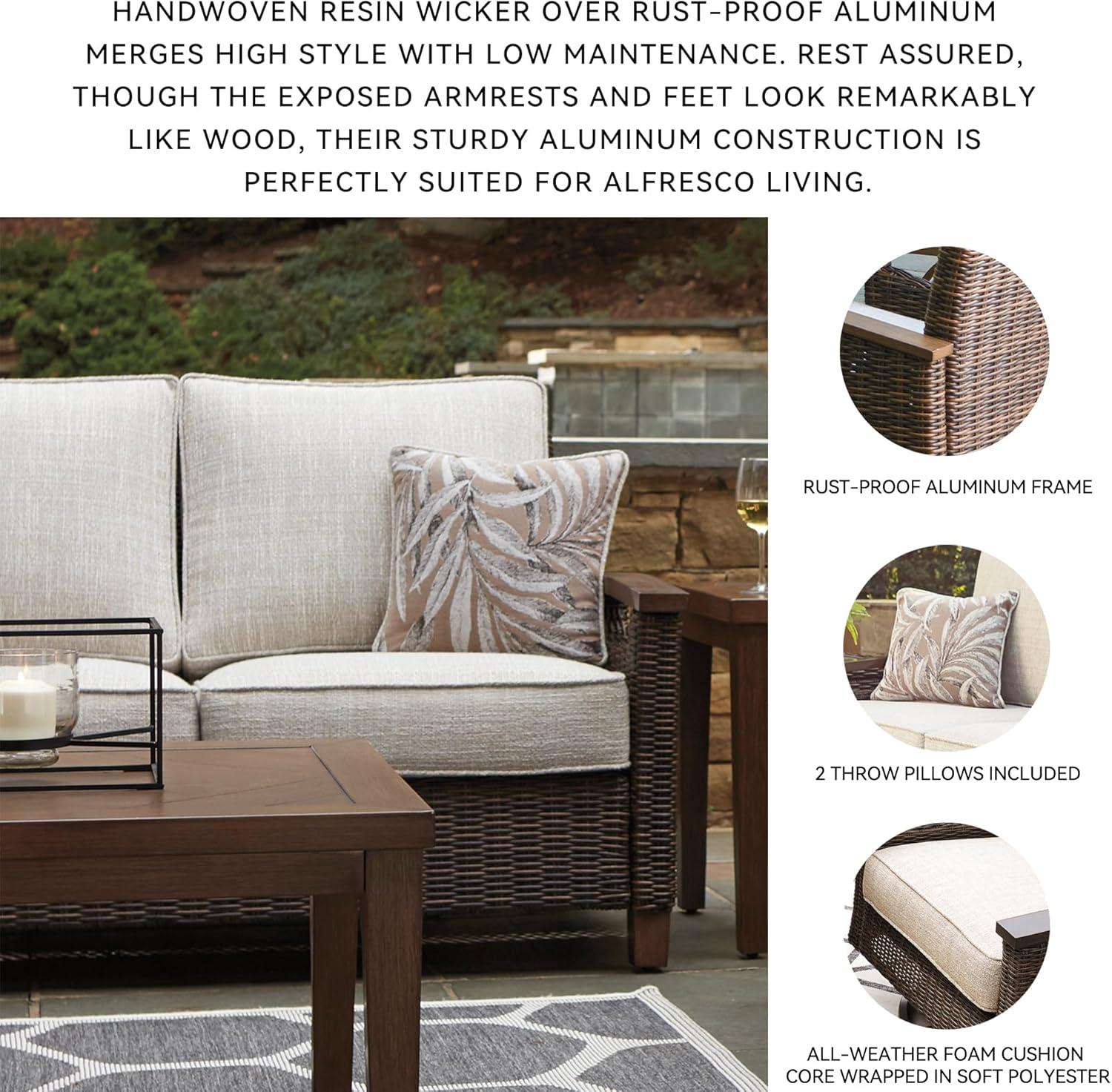 imageSignature Design by Ashley Paradise Trail Outdoor Loveseat with All Weather Cushions Nuvella Weather Resistant Fabric Medium BrownDark Brown