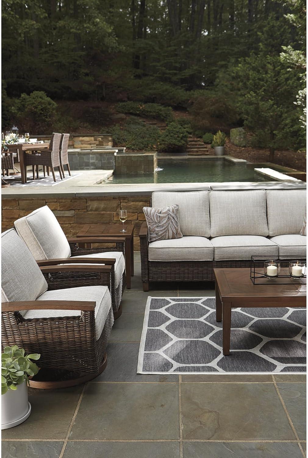 imageSignature Design by Ashley Paradise Trail Outdoor Loveseat with All Weather Cushions Nuvella Weather Resistant Fabric Medium BrownDark Brown