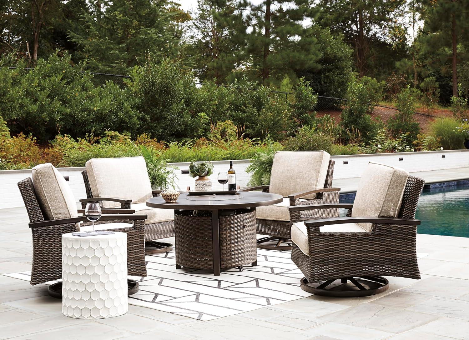 imageSignature Design by Ashley Paradise Trail Outdoor Loveseat with All Weather Cushions Nuvella Weather Resistant Fabric Medium BrownDark Brown