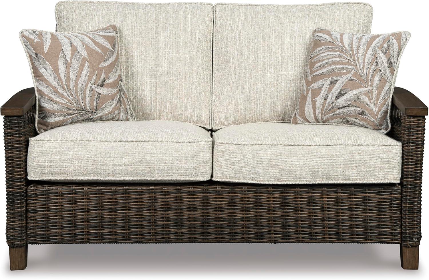 imageSignature Design by Ashley Paradise Trail Outdoor Loveseat with All Weather Cushions Nuvella Weather Resistant Fabric Medium BrownDark Brown