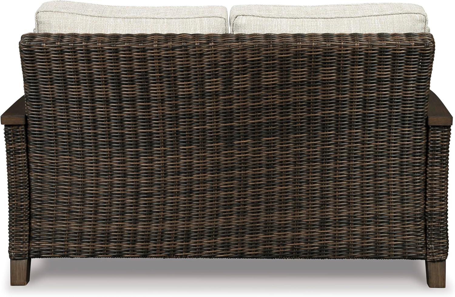 imageSignature Design by Ashley Paradise Trail Outdoor Loveseat with All Weather Cushions Nuvella Weather Resistant Fabric Medium BrownDark Brown