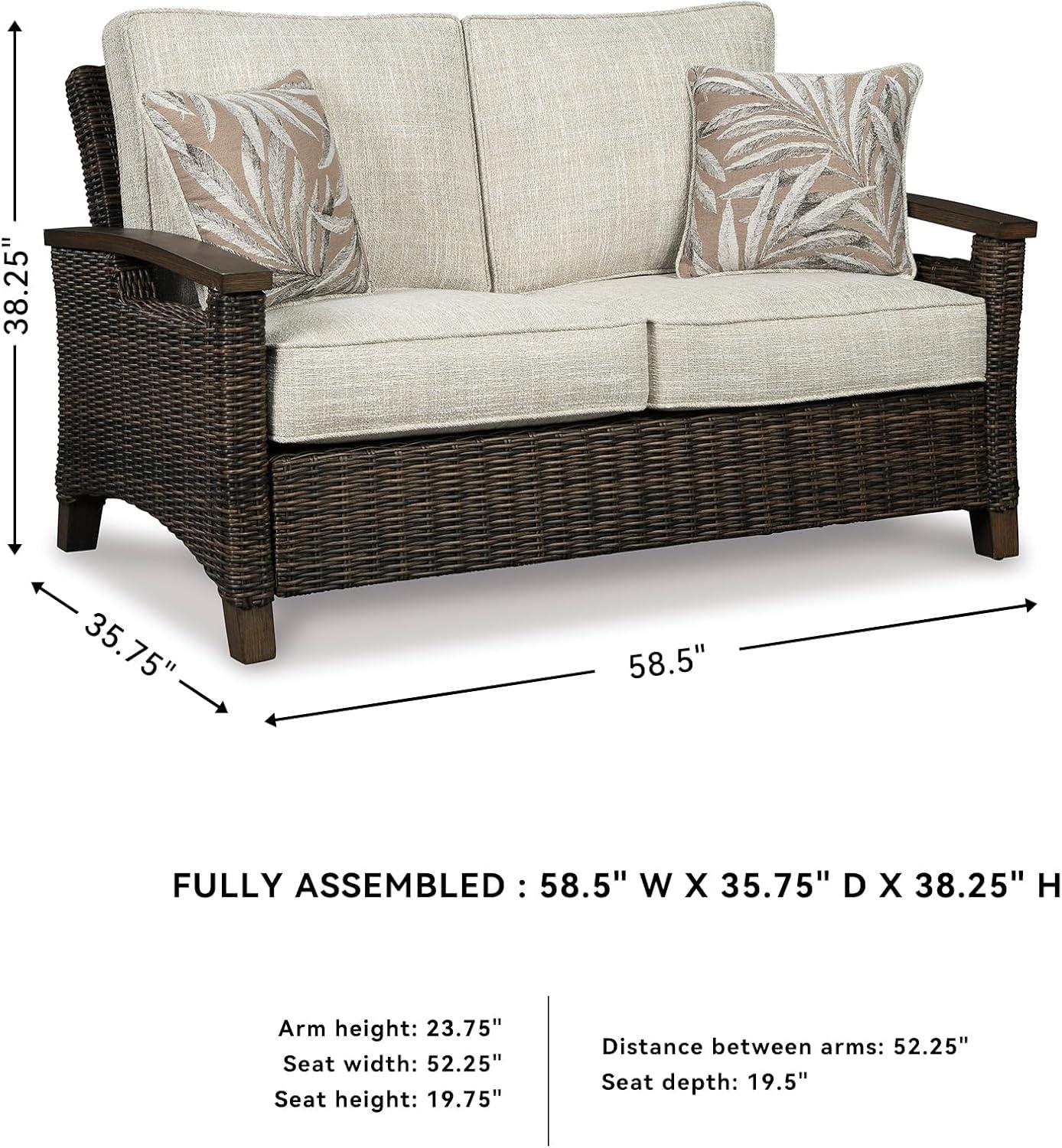 imageSignature Design by Ashley Paradise Trail Outdoor Loveseat with All Weather Cushions Nuvella Weather Resistant Fabric Medium BrownDark Brown