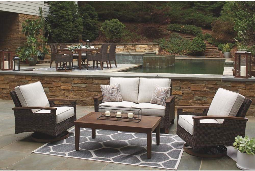 imageSignature Design by Ashley Paradise Trail Outdoor Loveseat with All Weather Cushions Nuvella Weather Resistant Fabric Medium BrownDark Brown