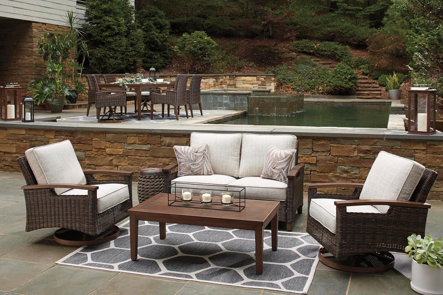 imageSignature Design by Ashley Paradise Trail Outdoor Loveseat with All Weather Cushions Nuvella Weather Resistant Fabric Medium BrownDark Brown