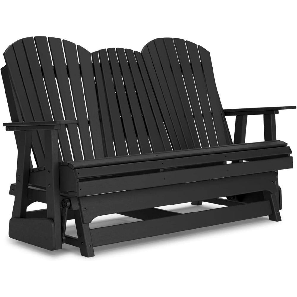 imageSignature Design by Ashley Hyland Wave Modern Weather Resistant HDPE Outdoor Glider Loveseat with Drop Down Table and 2 Cup Holders BlackBlack
