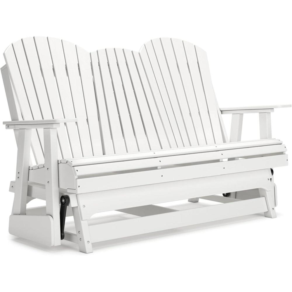 imageSignature Design by Ashley Hyland Wave Modern Weather Resistant HDPE Outdoor Glider Loveseat with Drop Down Table and 2 Cup Holders BlackWhite