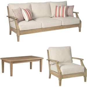 Signature Design by Ashley Clare View Coastal Outdoor Patio Eucalyptus Wood Slat Top Coffee Table & Clare View Eucalyptus Wood Single Cushioned Lounge Chair