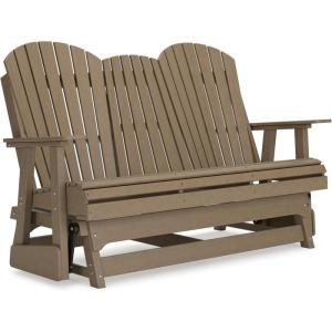 Signature Design by Ashley Hyland Wave Modern Weather Resistant HDPE Outdoor Glider Loveseat with Drop Down Table and 2 Cup Holders, Black(Brown)
