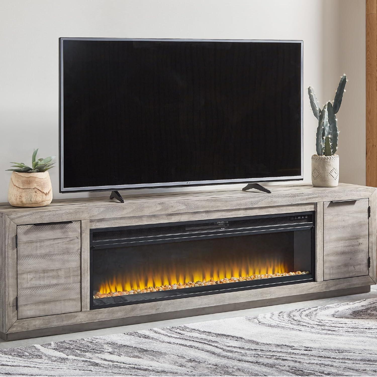 imageSignature Design by Ashley Entertainment Accessories Contemporary 92 TV Stand with Electric Fireplace for TVs up to 105 Light GrayGrey