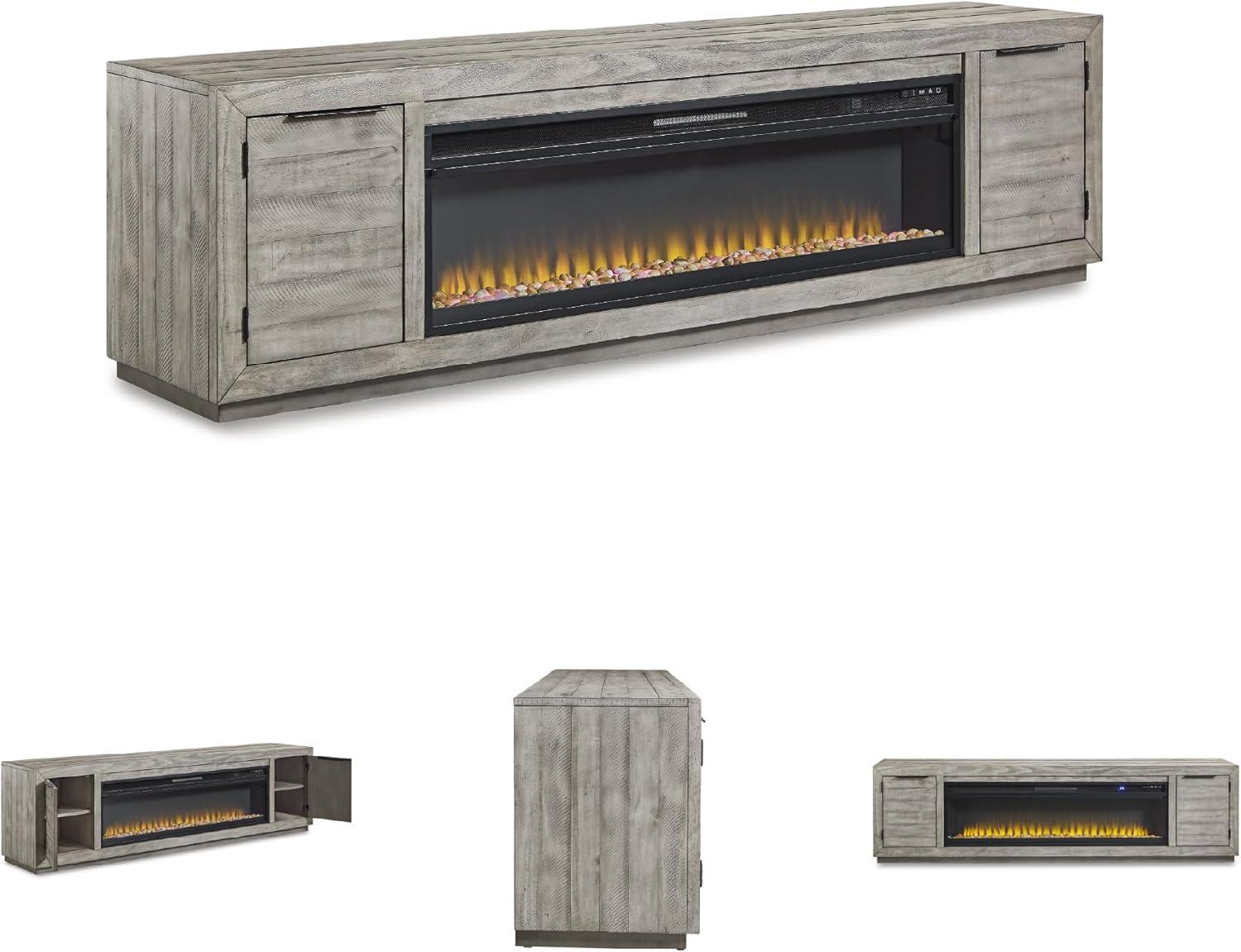imageSignature Design by Ashley Entertainment Accessories Contemporary 92 TV Stand with Electric Fireplace for TVs up to 105 Light GrayGrey