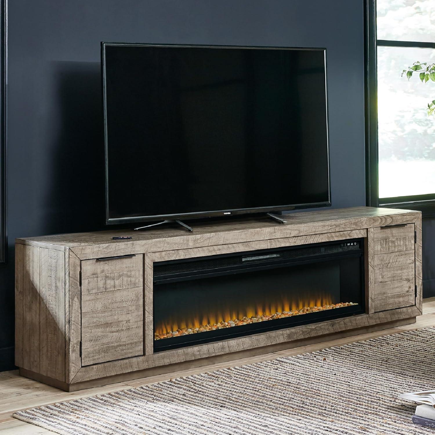 imageSignature Design by Ashley Entertainment Accessories Contemporary 92 TV Stand with Electric Fireplace for TVs up to 105 Light GrayGrey