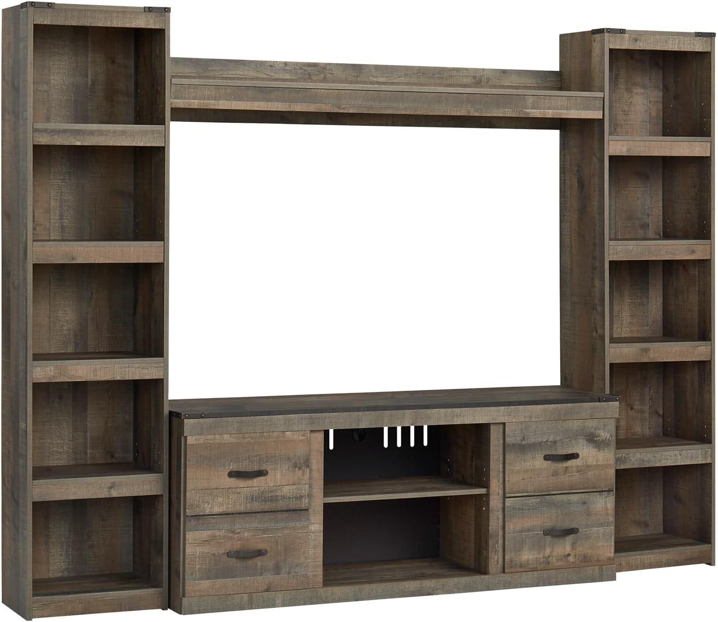 imageSignature Design by Ashley Trinell Rustic 4Piece Entertainment Center with Electric Fireplace for TVs up to 69 Light BrownBrown