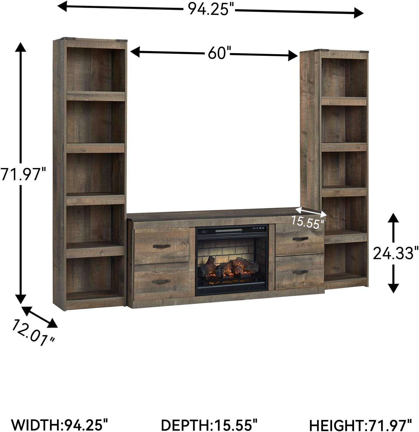 imageSignature Design by Ashley Trinell Rustic 4Piece Entertainment Center with Electric Fireplace for TVs up to 69 Light BrownBrown