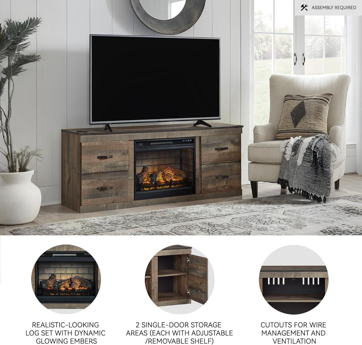 imageSignature Design by Ashley Trinell Rustic 4Piece Entertainment Center with Electric Fireplace for TVs up to 69 Light BrownBrown