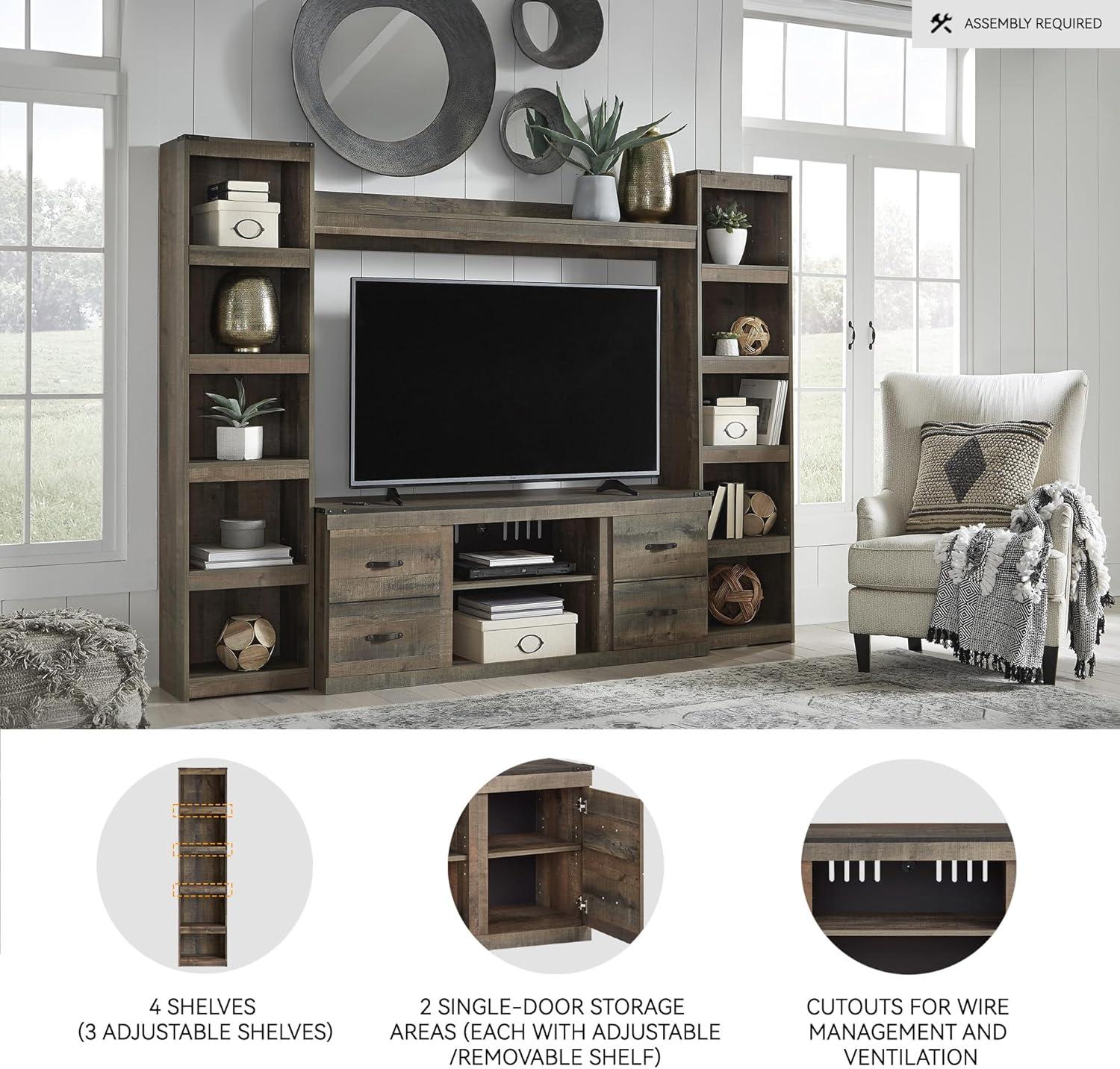imageSignature Design by Ashley Trinell Rustic 4Piece Entertainment Center with Electric Fireplace for TVs up to 69 Light BrownBrown