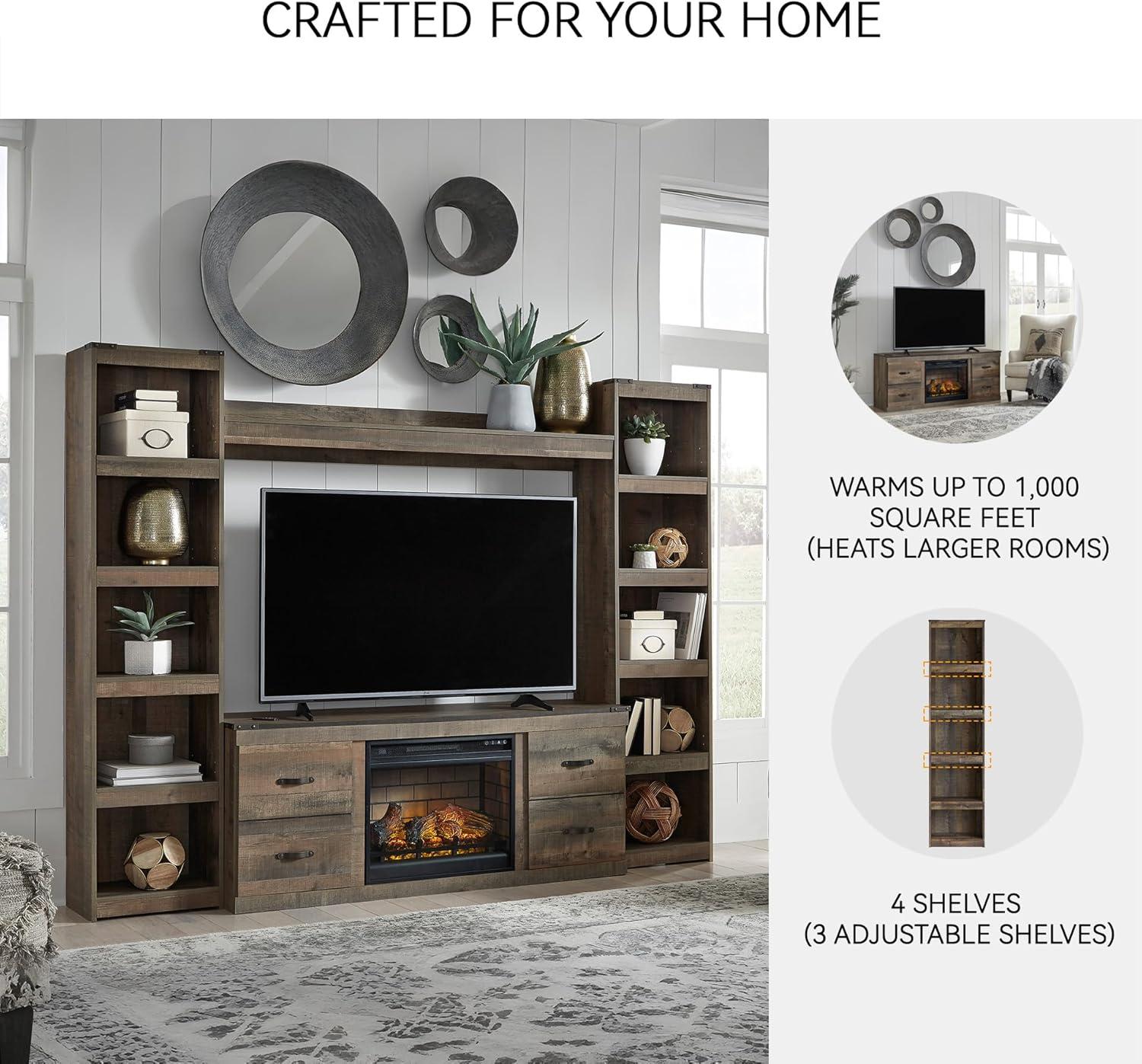 imageSignature Design by Ashley Trinell Rustic 4Piece Entertainment Center with Electric Fireplace for TVs up to 69 Light BrownBrown