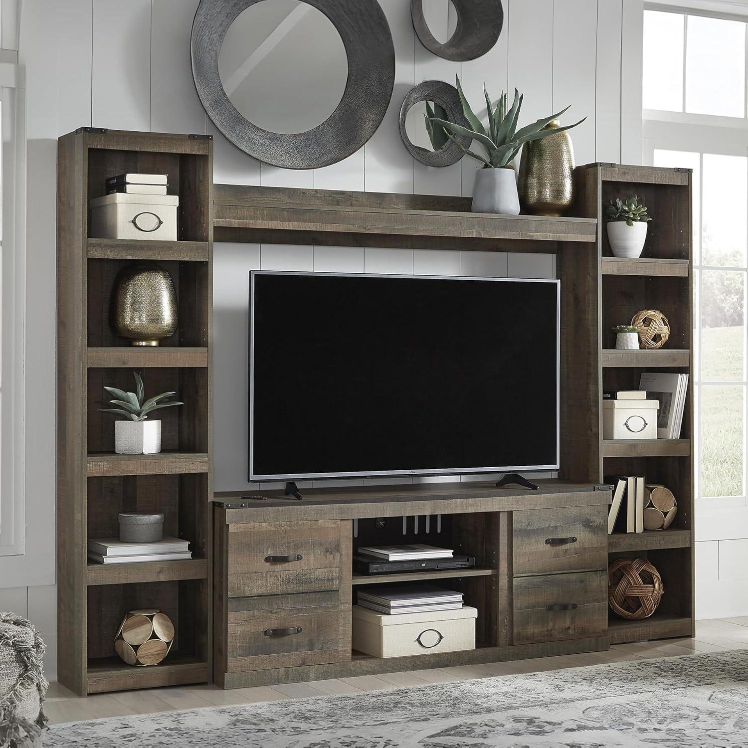 imageSignature Design by Ashley Trinell Rustic 4Piece Entertainment Center with Electric Fireplace for TVs up to 69 Light BrownBrown