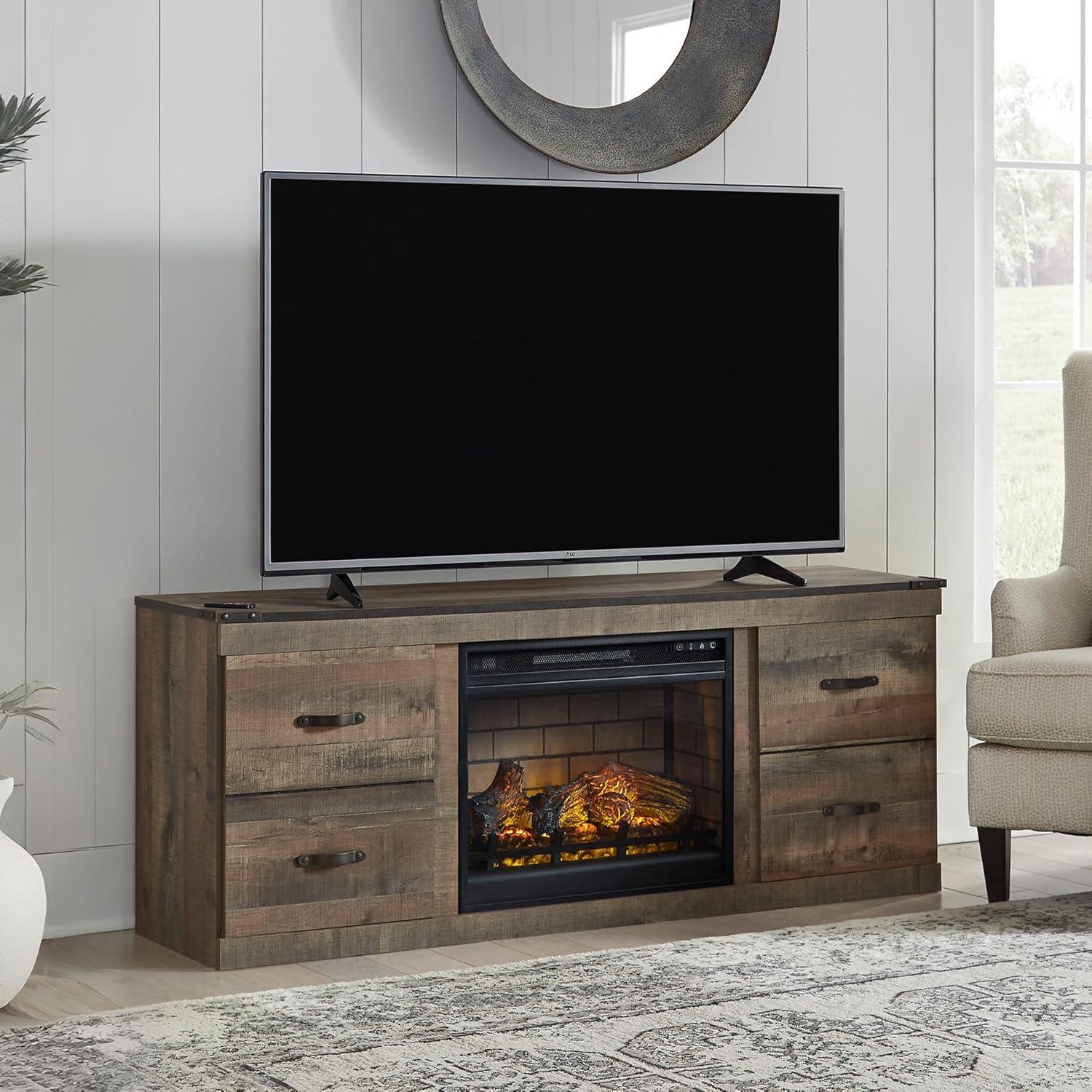 imageSignature Design by Ashley Trinell Rustic 4Piece Entertainment Center with Electric Fireplace for TVs up to 69 Light BrownBrown