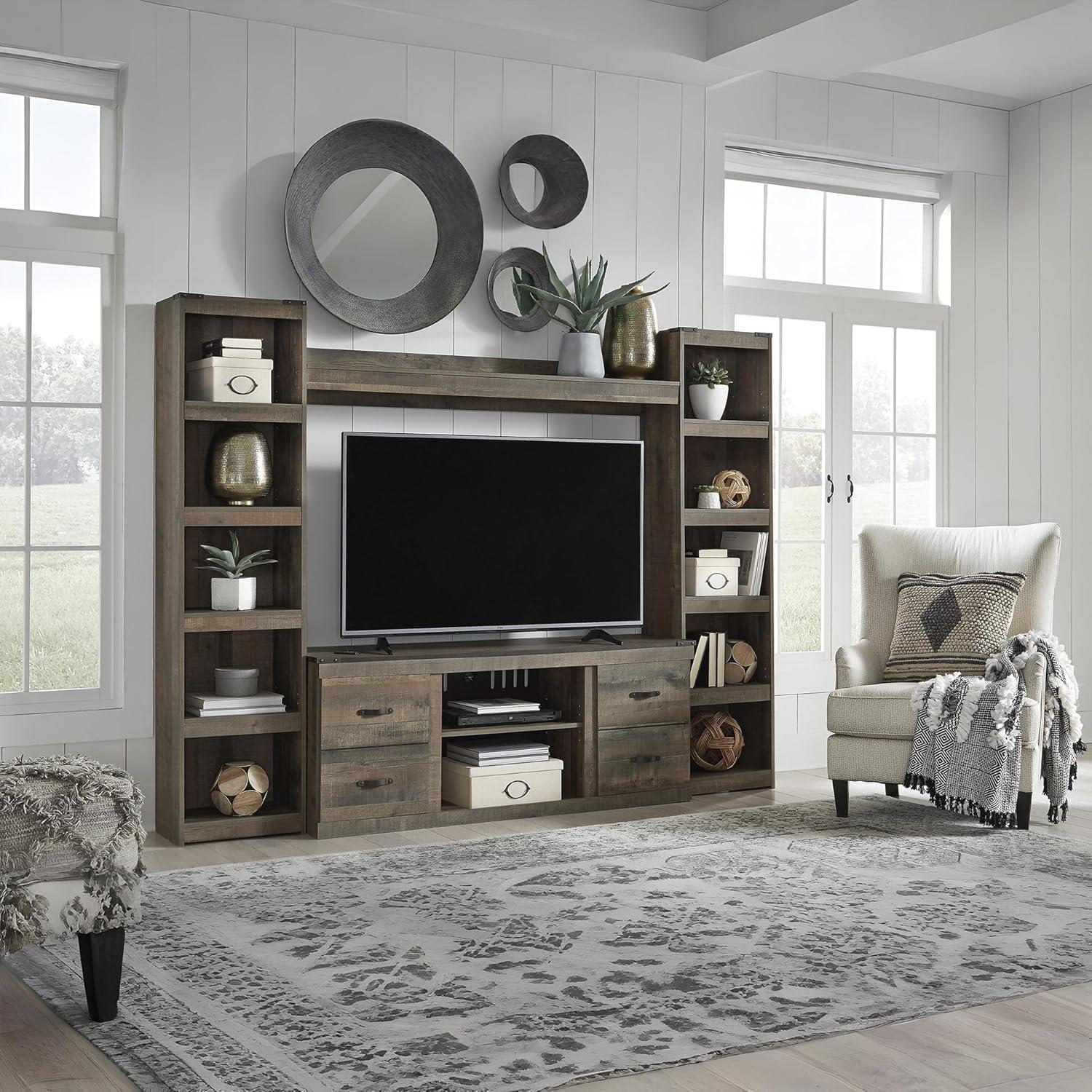 imageSignature Design by Ashley Trinell Rustic 4Piece Entertainment Center with Electric Fireplace for TVs up to 69 Light BrownBrown