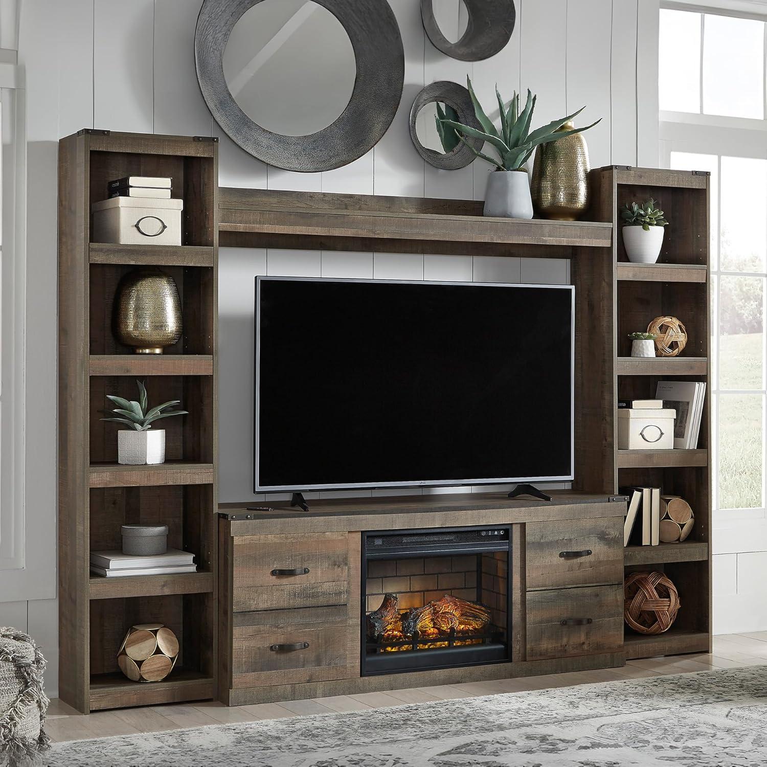 imageSignature Design by Ashley Trinell Rustic 4Piece Entertainment Center with Electric Fireplace for TVs up to 69 Light BrownBrown
