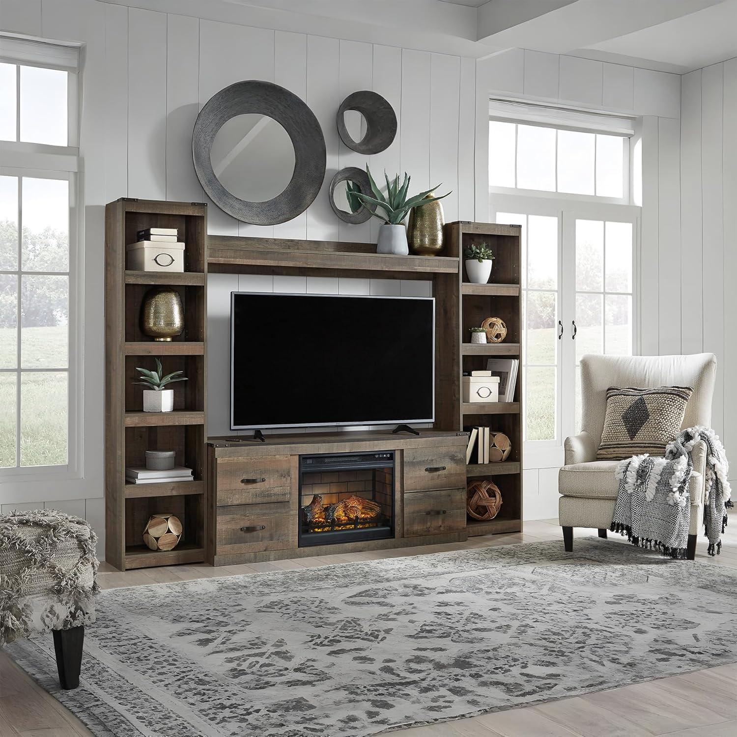 imageSignature Design by Ashley Trinell Rustic 4Piece Entertainment Center with Electric Fireplace for TVs up to 69 Light BrownBrown
