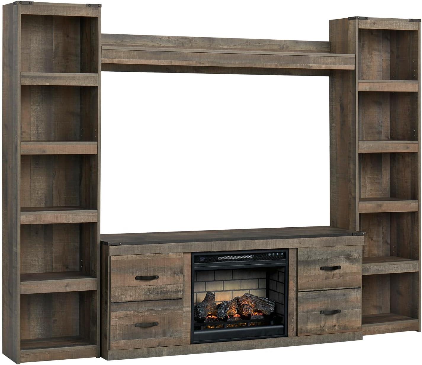 imageSignature Design by Ashley Trinell Rustic 4Piece Entertainment Center with Electric Fireplace for TVs up to 69 Light BrownBrown