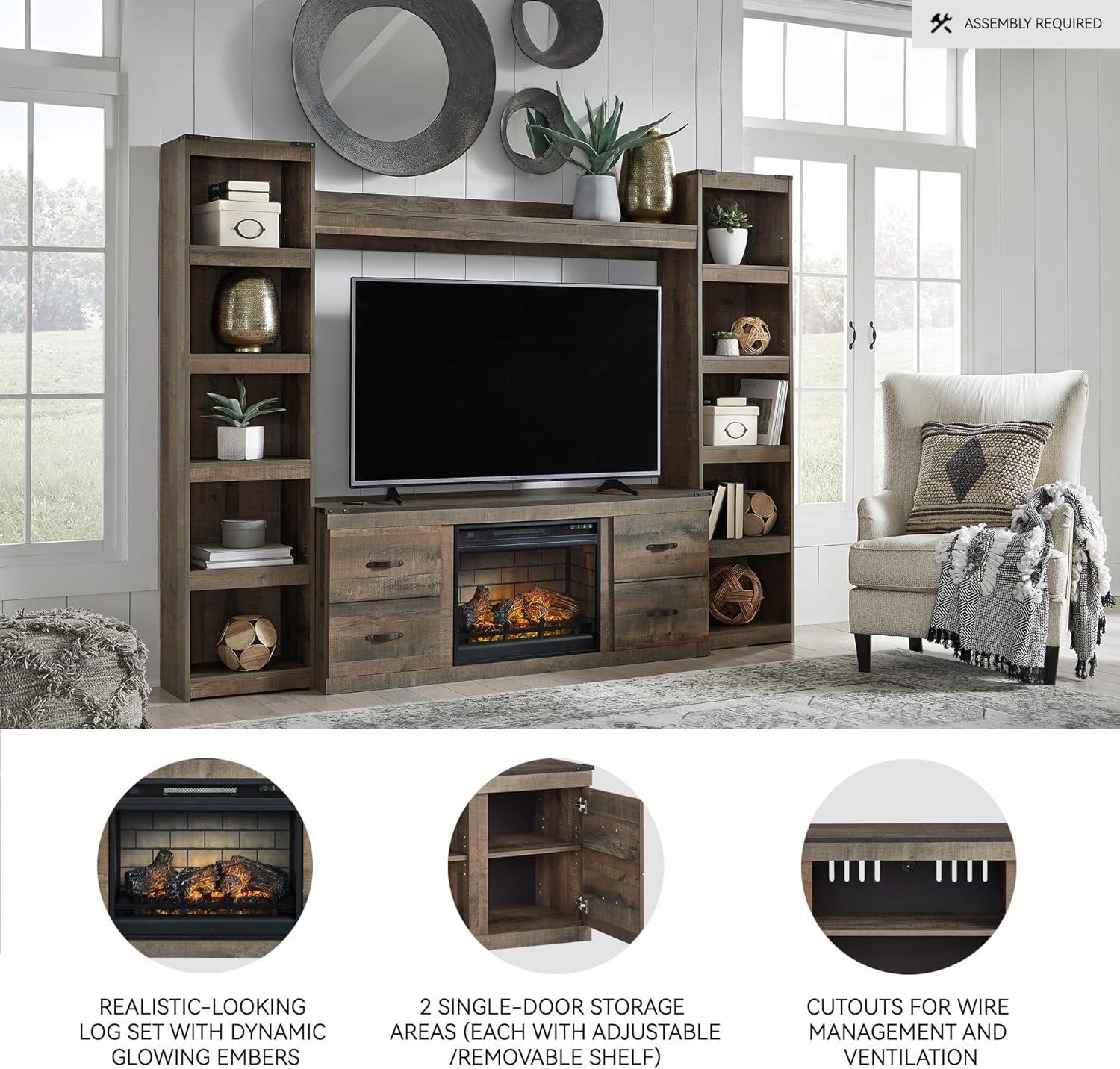 imageSignature Design by Ashley Trinell Rustic 4Piece Entertainment Center with Electric Fireplace for TVs up to 69 Light BrownBrown