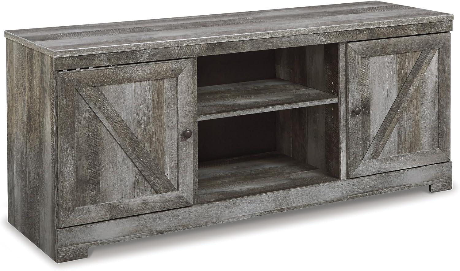 imageSignature Design by Ashley Wynnlow Rustic 4Piece Entertainment Center for TVs up to 72 with Electric Fireplace LED Lighting and Programmable Timer Gray