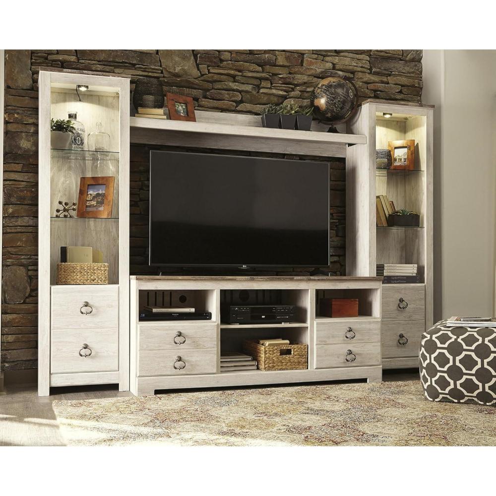 imageSignature Design by Ashley Bellaby Farmhouse 4Piece Entertainment Center for TVs up to 69 with Electric Fireplace WhitewashWhitewashBrown