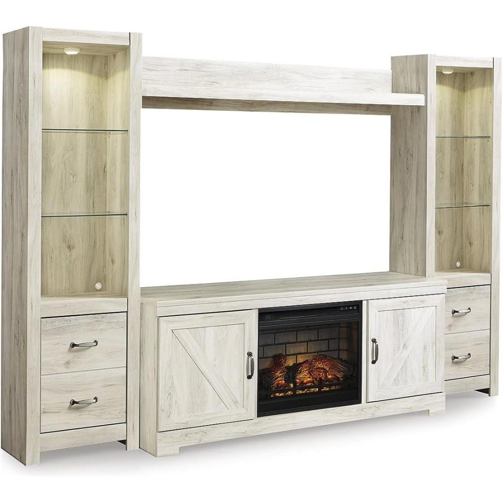 imageSignature Design by Ashley Bellaby Farmhouse 4Piece Entertainment Center for TVs up to 72 with Electric Fireplace and Time Function Whitewash