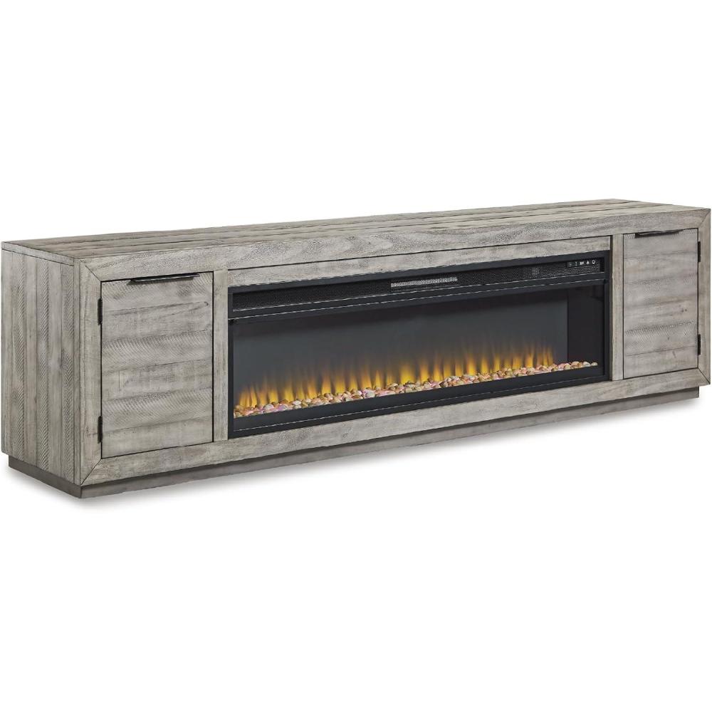 imageSignature Design by Ashley Entertainment Accessories Contemporary 92 TV Stand with Electric Fireplace for TVs up to 105 Light GrayGrey