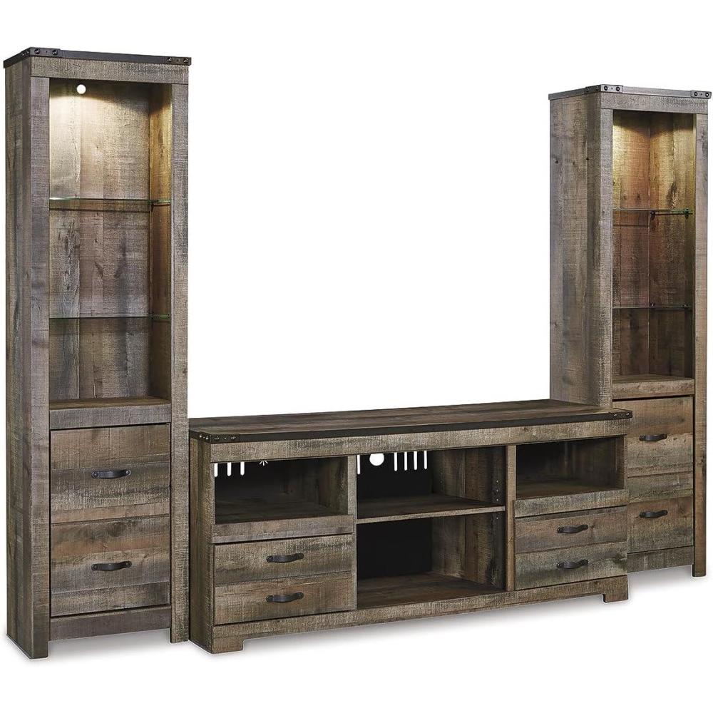 imageSignature Design by Ashley Trinell Rustic 4Piece Entertainment Center with Electric Fireplace for TVs up to 69 Light BrownBrown