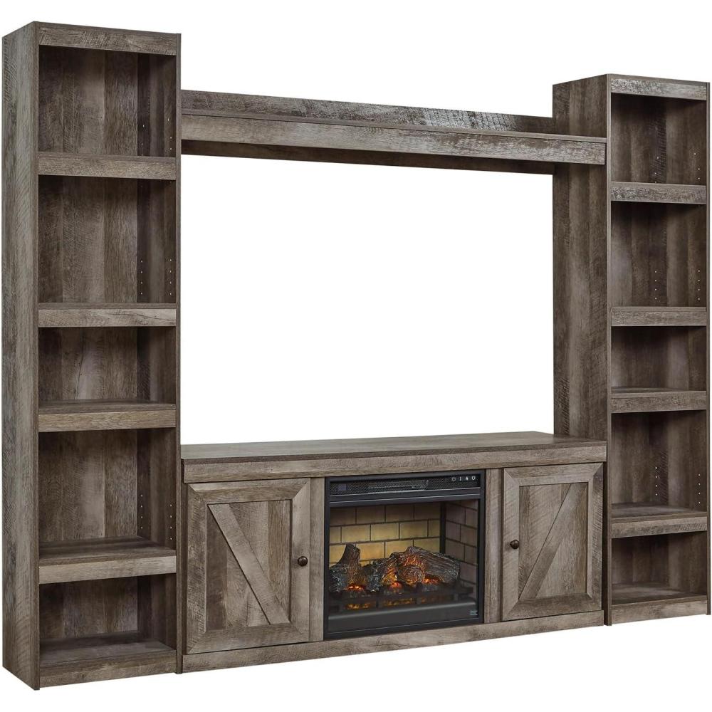 imageSignature Design by Ashley Wynnlow Farmhouse 4Piece Entertainment Center for TVs up to 69 with Electric Fireplace Gray
