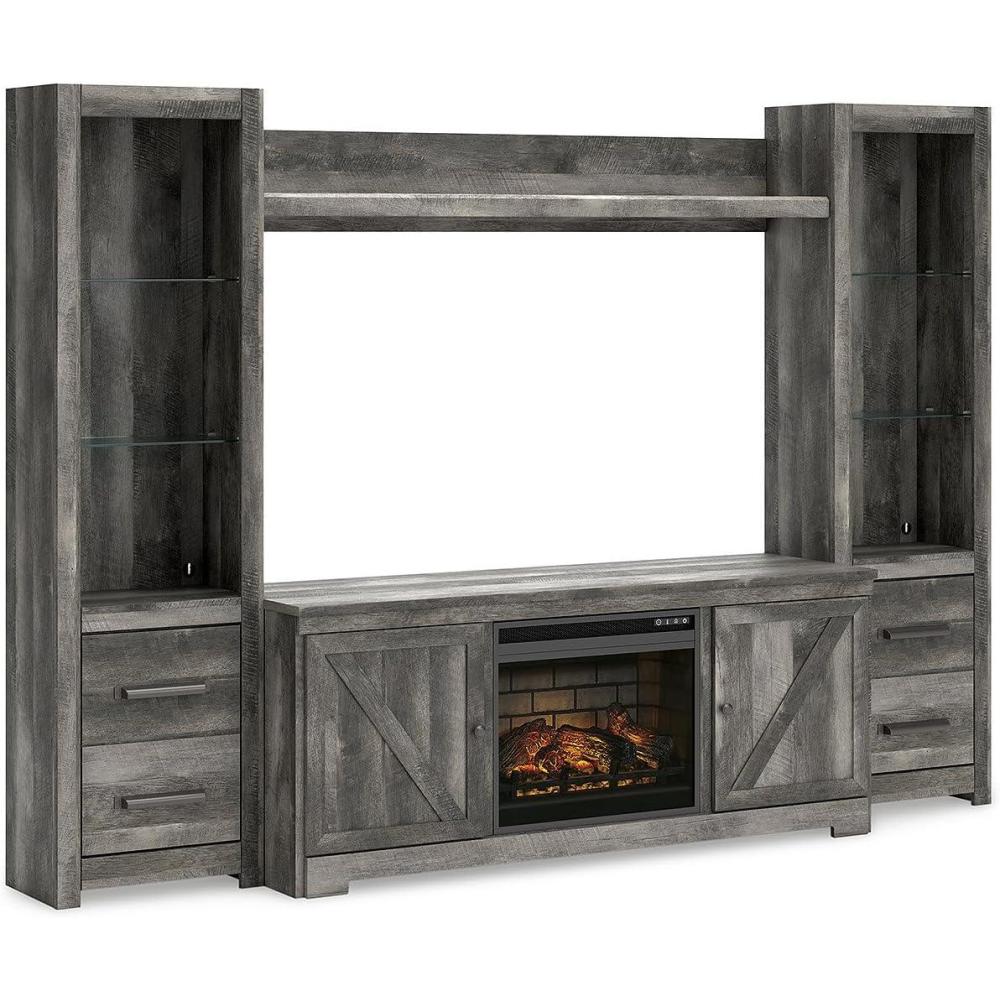 imageSignature Design by Ashley Wynnlow Rustic 4Piece Entertainment Center for TVs up to 72 with Electric Fireplace LED Lighting and Programmable Timer Gray
