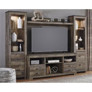 Signature Design by Ashley Bellaby Farmhouse 4-Piece Entertainment Center for TVs up to 69″ with Electric Fireplace, Whitewash(Brown)