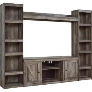 Signature Design by Ashley Bellaby Farmhouse 4-Piece Entertainment Center for TVs up to 69″ with Electric Fireplace, Whitewash(Grey)