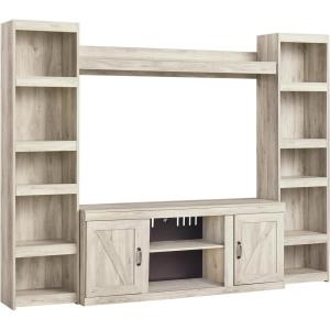 Signature Design by Ashley Bellaby Farmhouse 4-Piece Entertainment Center for TVs up to 69″ with Electric Fireplace, Whitewash(Whitewash)