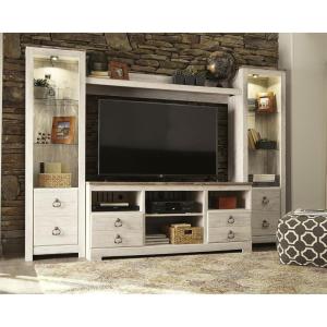 Signature Design by Ashley Bellaby Farmhouse 4-Piece Entertainment Center for TVs up to 69″ with Electric Fireplace, Whitewash(Whitewash/Brown)