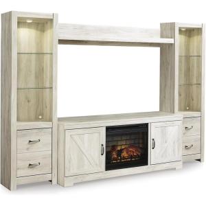 Signature Design by Ashley Bellaby Farmhouse 4-Piece Entertainment Center for TVs up to 72″ with Electric Fireplace and Time Function, Whitewash