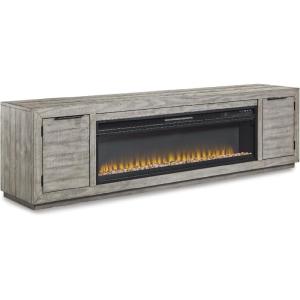 Signature Design by Ashley Entertainment Accessories Contemporary 92″ TV Stand with Electric Fireplace for TVs up to 105″, Light Gray(Grey)