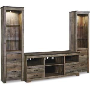 Signature Design by Ashley Trinell Rustic 4-Piece Entertainment Center with Electric Fireplace for TVs up to 69″, Light Brown(Brown)