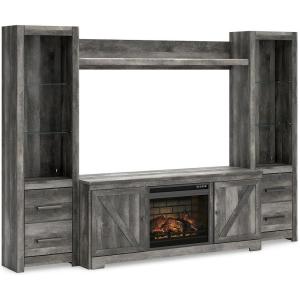 Signature Design by Ashley Wynnlow Rustic 4-Piece Entertainment Center for TVs up to 72″ with Electric Fireplace, LED Lighting and Programmable Timer, Gray