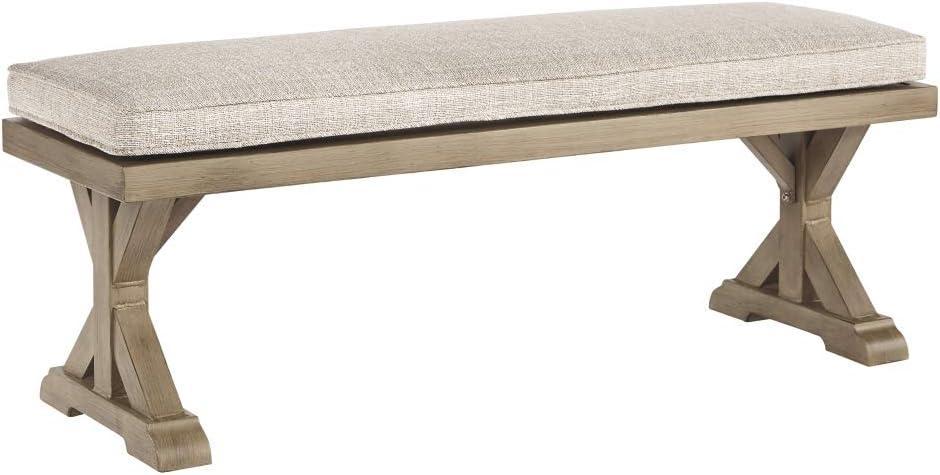 imageSignature Design by Ashley Beachcroft Modern Farmhouse Outdoor Dining Table with Porcelain Top and Upholstered Bench Beige