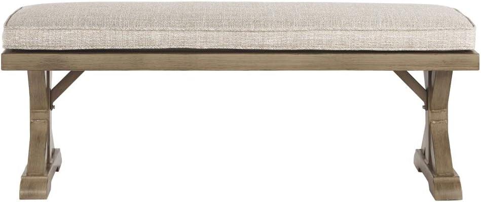 imageSignature Design by Ashley Beachcroft Modern Farmhouse Outdoor Dining Table with Porcelain Top and Upholstered Bench Beige